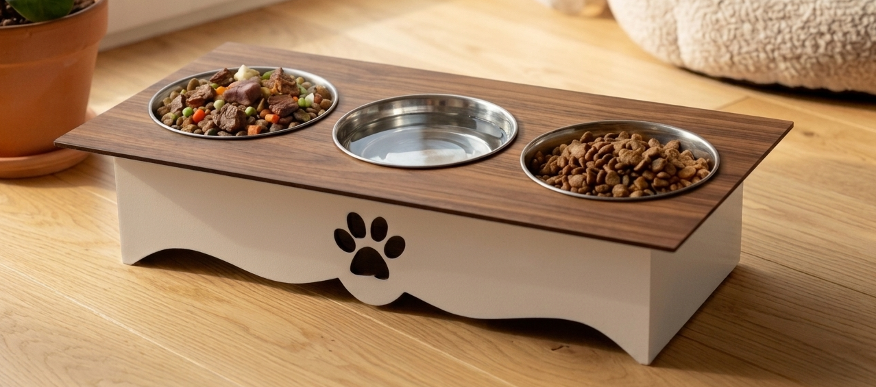 An elevated pet feeder and water bowl stand with a wood-grain top, white base, and black paw print cutout, shown on a wooden floor with food and water bowls filled.