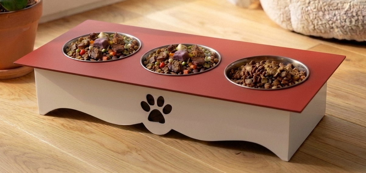 A three-compartment elevated pet feeder with a red top tray and cream-colored base, featuring a black paw print cutout on the front. The feeder is shown filled with wet and dry food on a light wood floor.