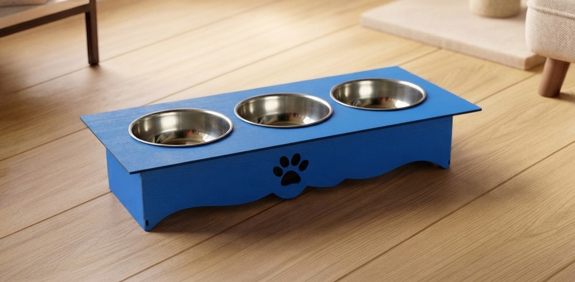 Triple Cat Bowl Stand with Stainless Steel Bowls – Modern Raised Pet Feeder
