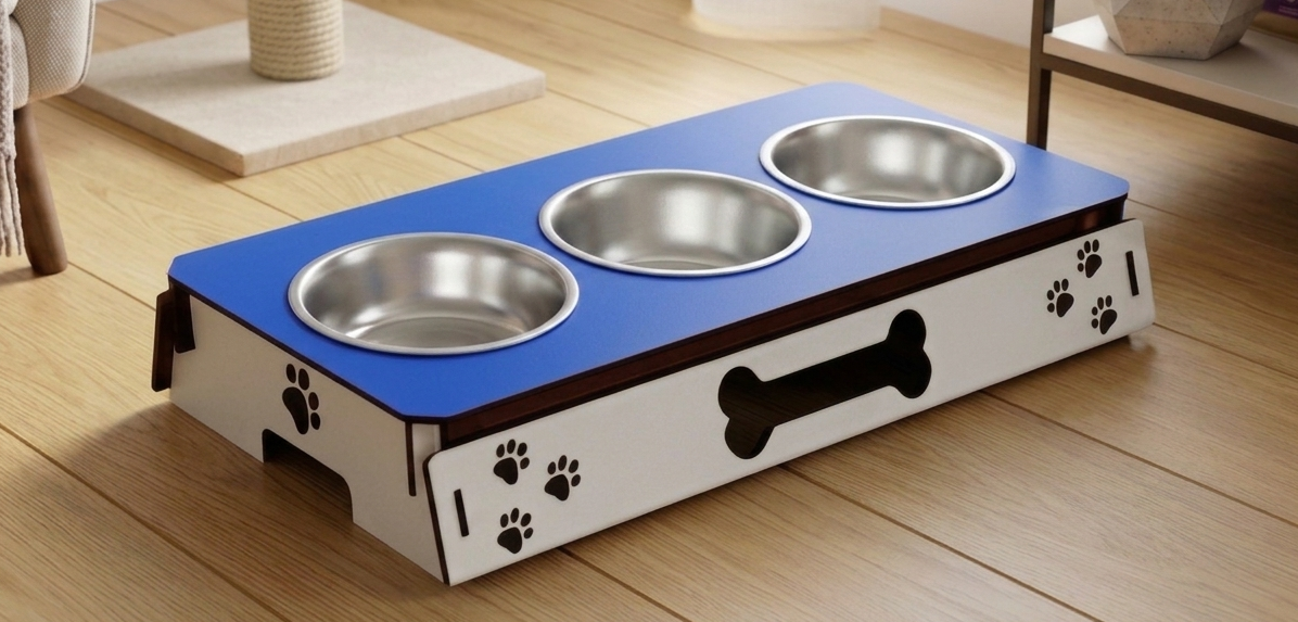 A three-bowl elevated pet feeder and water with a blue top surface, stainless steel bowls, and a white base decorated with black paw prints and a bone cutout, shown on a wooden floor.