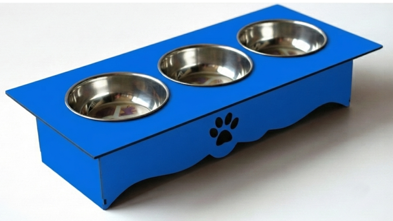 Triple Cat Bowl Stand with Stainless Steel Bowls – Modern Raised Pet Feeder