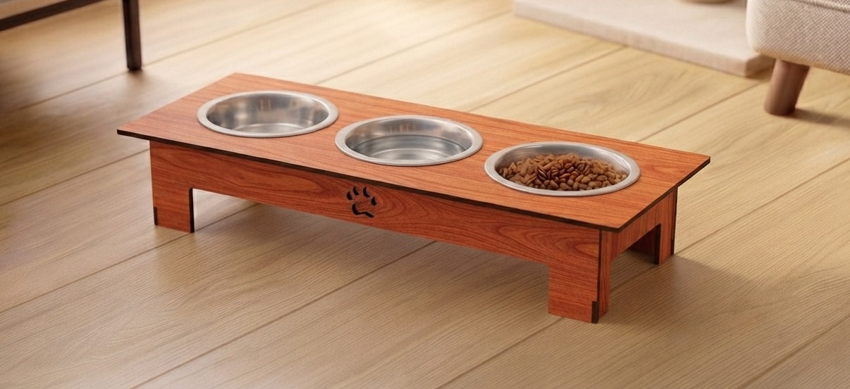A wooden elevated pet feeder stand with three stainless steel bowls, one filled with dry pet food, placed on a light wood floor in a home setting.