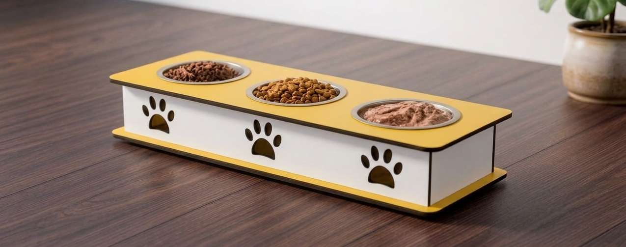 A three-bowl elevated pet feeder with a white and yellow design, featuring printed paw prints on the sides and bowls filled with pet food, set on a dark wooden table.