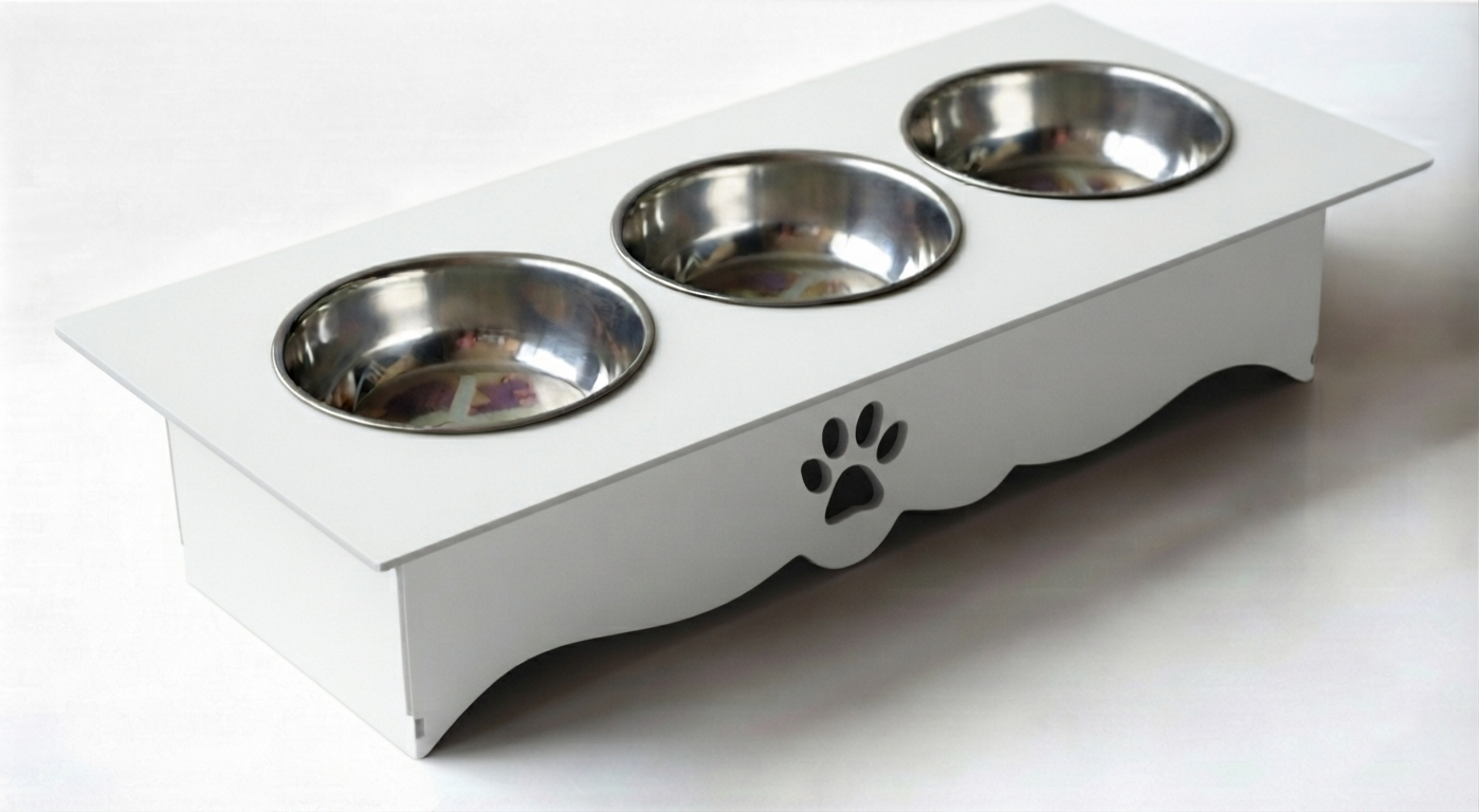 Triple Cat Bowl Stand with Stainless Steel Bowls – Modern Raised Pet Feeder