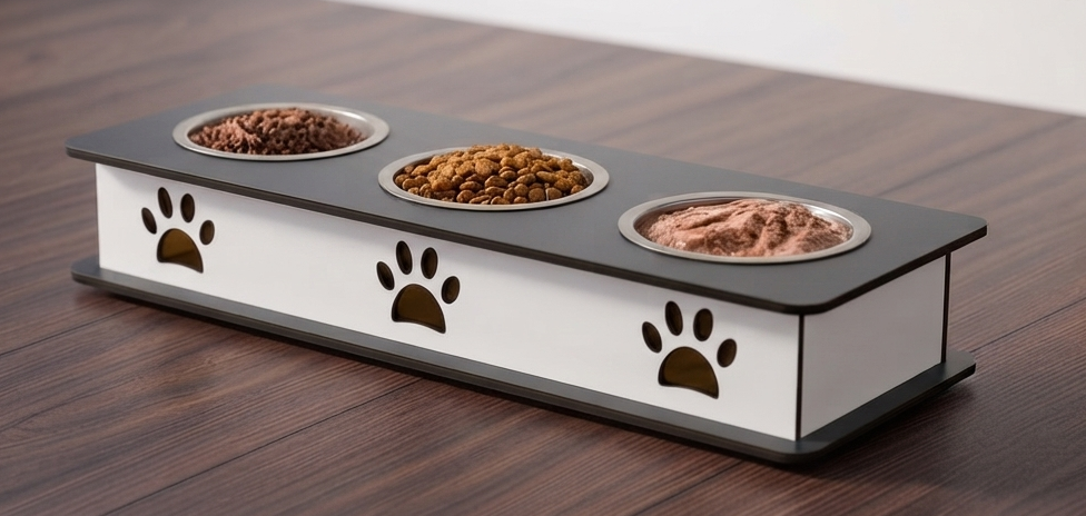 A rectangular elevated pet feeder with three stainless steel bowls filled with dry and wet food, placed on a dark wood tabletop. The feeder has a white body with black paw print cutouts and a black top platform.