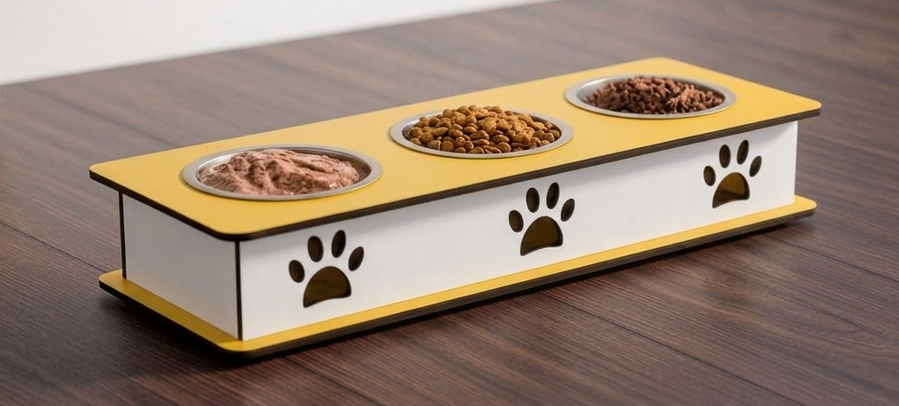 A three-compartment elevated pet feeder with a yellow top and white base, featuring metal bowls filled with wet and dry food, set on a dark wood table.