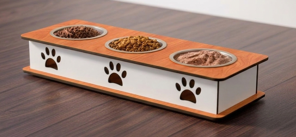 A rectangular elevated pet feeder with three metal bowls filled with dry food, placed on a dark wood tabletop. The feeder has a white front panel with three dark brown paw print cutouts and a light brown wood-grain top and base.