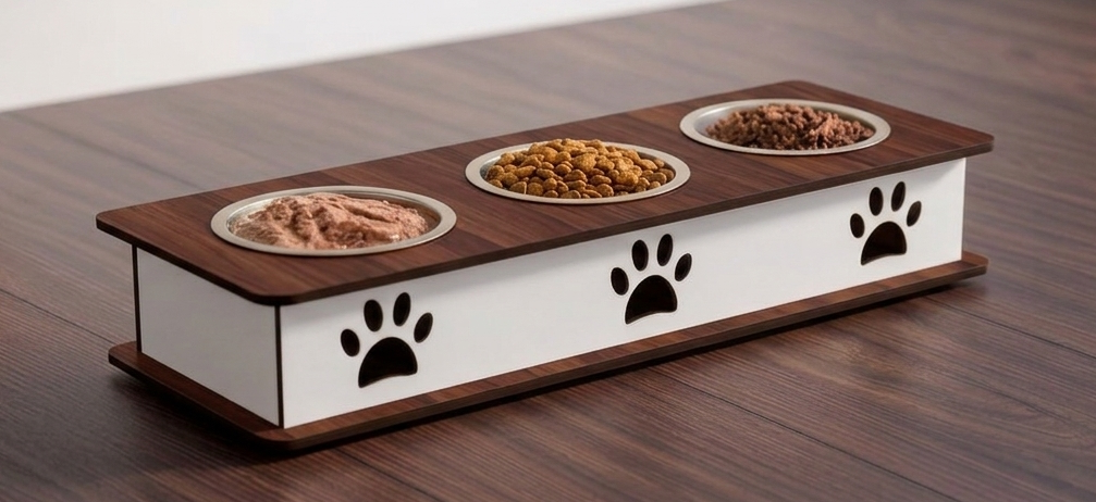 A three-compartment elevated pet feeder with a dark wood top, white side panels, black paw print cutouts, and bowls containing wet and dry food, set on a dark wood table.