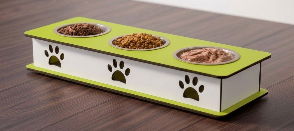 A three-compartment elevated pet food bowl with a white and lime green design, featuring cutout paw prints on the front. The bowls are filled with dry and wet pet food, set on a dark wood tabletop.