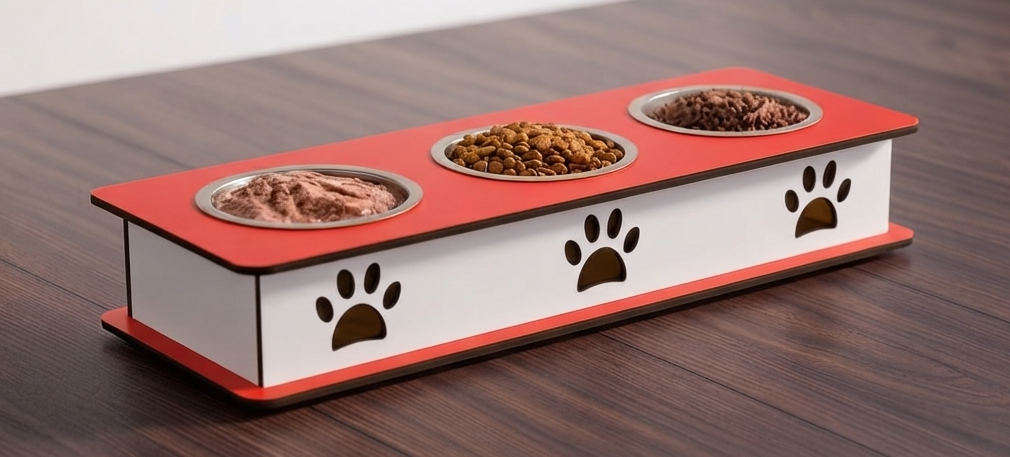 A three-bowl elevated pet feeder with a red top and base, white side panels, and black paw print cutouts, shown on a dark wood tabletop with food in the bowls.