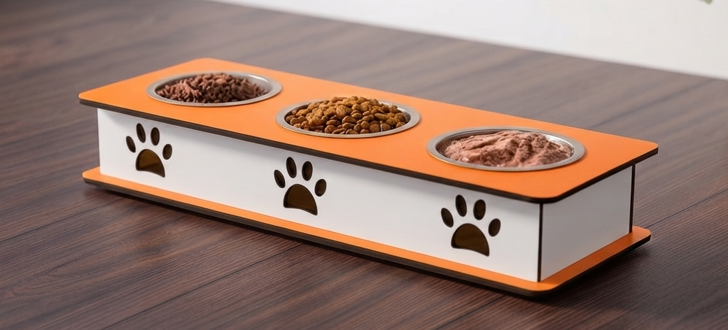 A three-compartment elevated pet food bowl with an orange top, white sides, and black paw print details, shown filled with dry and wet food on a dark wood table.