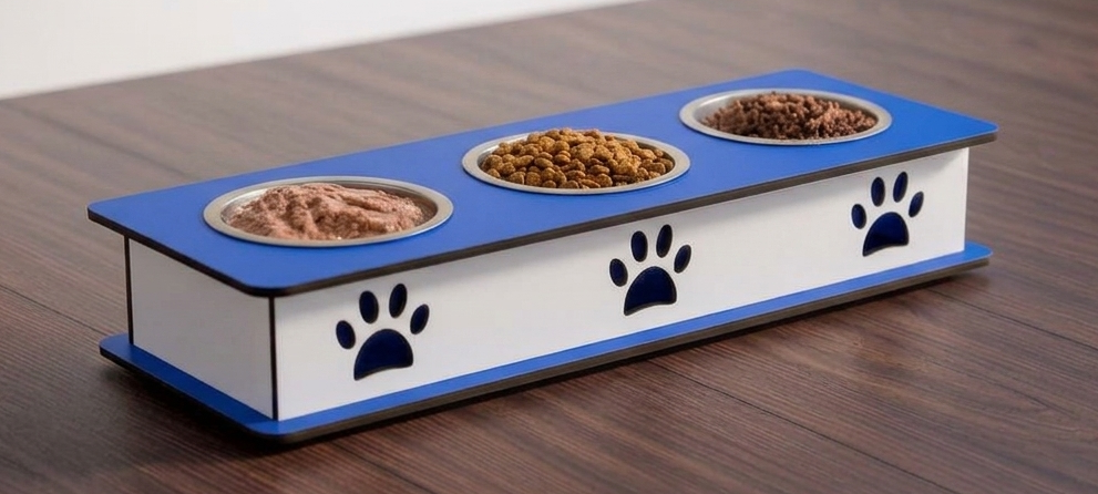 A rectangular elevated pet feeder with three metal bowls on a blue and white base, shown on a wooden tabletop. The feeder has blue paw-print cutouts on the front and food visible in the three bowls.