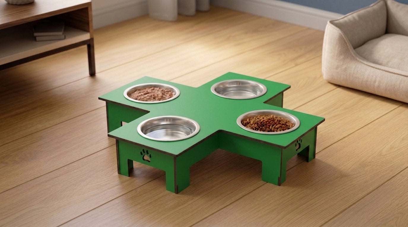 Cross 4 Bowl Wooden Pet Feeder Stand