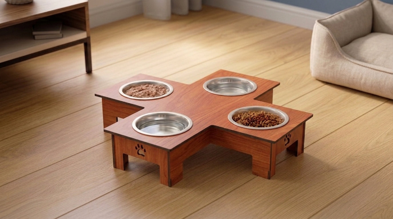 Cross 4 Bowl Wooden Pet Feeder Stand