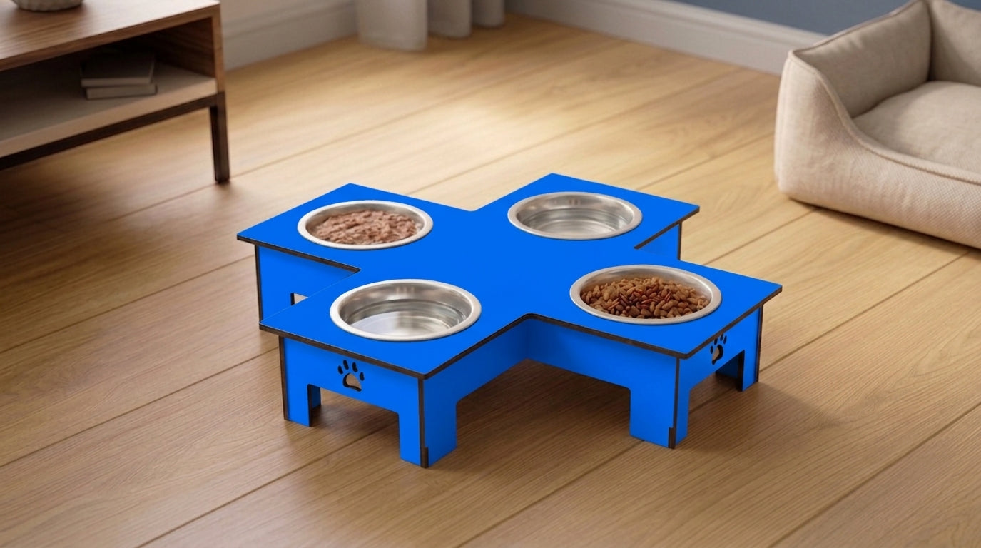 Cross 4 Bowl Wooden Pet Feeder Stand