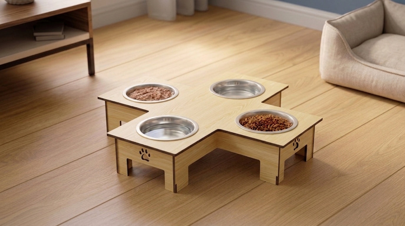 Cross 4 Bowl Wooden Pet Feeder Stand