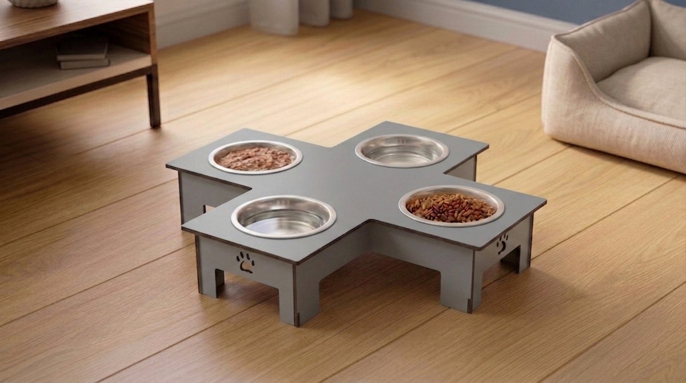 Cross 4 Bowl Wooden Pet Feeder Stand