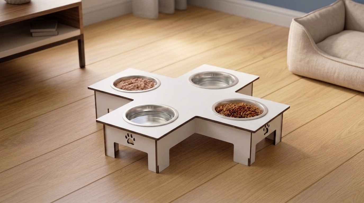 Cross 4 Bowl Wooden Pet Feeder Stand