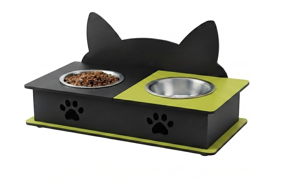 A black cat-shaped elevated pet feeder and water bowl stand with lime green accents, featuring two stainless steel bowls (one filled with dry cat food) on a white background.