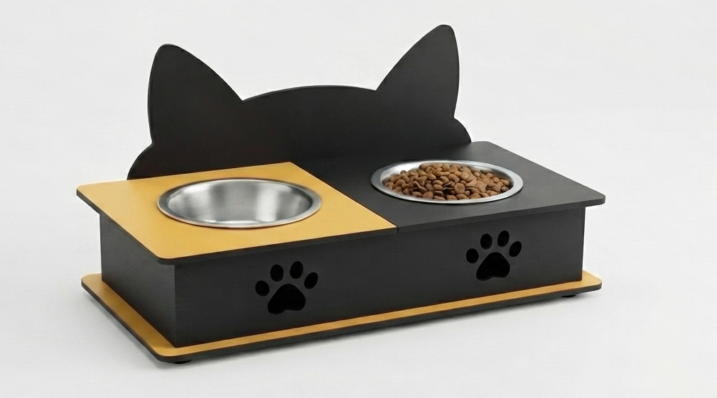 A black cat-shaped pet feeder and waterer with two bowls, one filled with dry food, set against a light gray background.