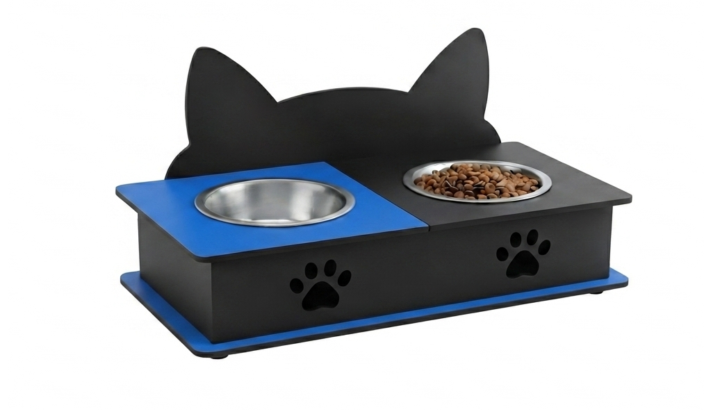 A black and blue elevated double pet feeder with cat-ear-shaped backrest, featuring a stainless steel bowl on the left and a food bowl on the right, shown on a white background.