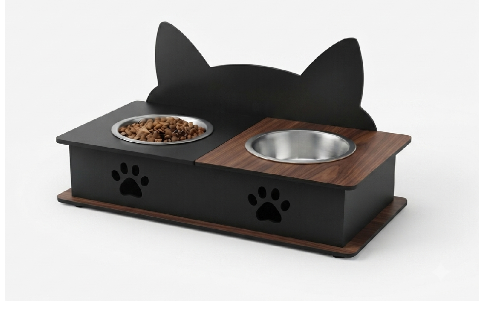 A black cat-shaped elevated pet feeder with two bowls, one filled with dry food. The feeder has a matte black body with a wood-grain top panel and base, featuring a cat head silhouette on the back, paw prints on the front, and a clean white background.