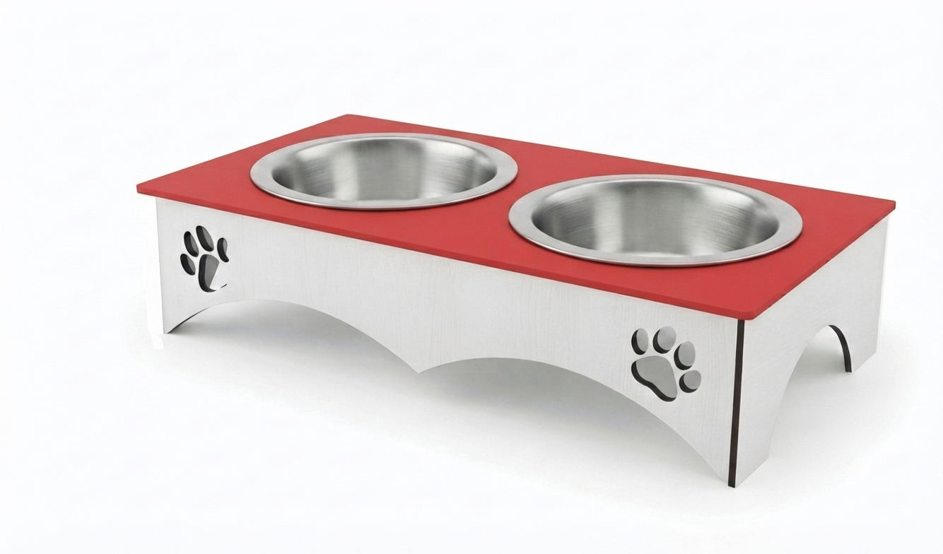 A double pet feeder and waterer stand with a red top surface and stainless steel bowls, featuring a white base with paw print cutouts, shown on a white background.