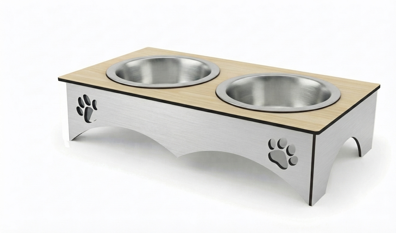 A double pet feeder and waterer elevated stand with a light wood top, stainless steel bowls, and a brushed silver metal base featuring paw print cutouts, shown on a white background.