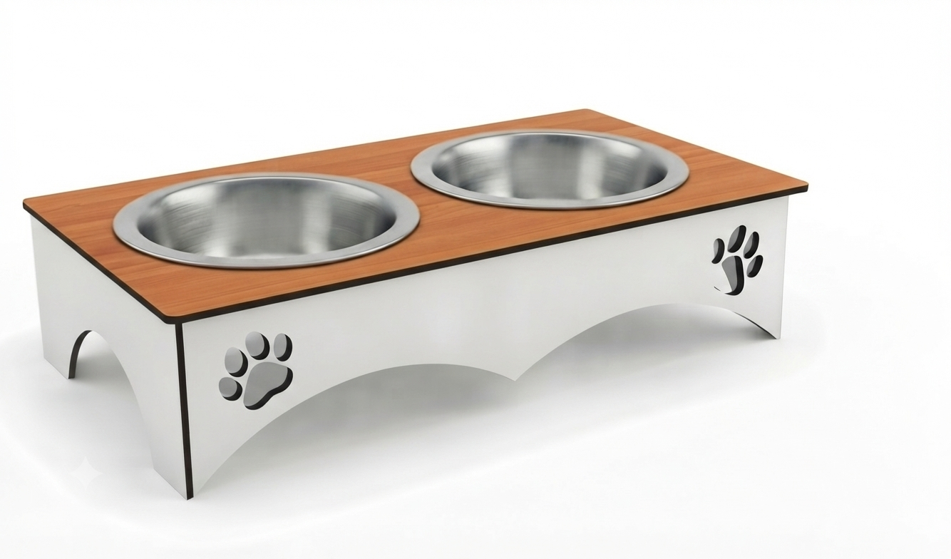 A double pet feeder and waterer stand with a light brown wood-grain top and a white metal base, featuring two stainless steel bowls and decorative paw print cutouts on the sides.
