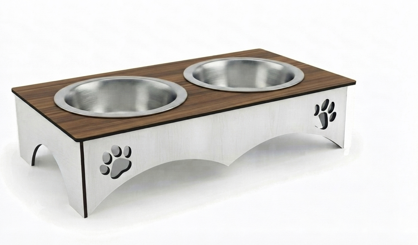 An elevated double pet feeder and water bowl stand made of brushed stainless steel with a dark brown wood-grain top surface. The stand features paw print cutouts on the sides and two integrated stainless steel bowls on a white background.
