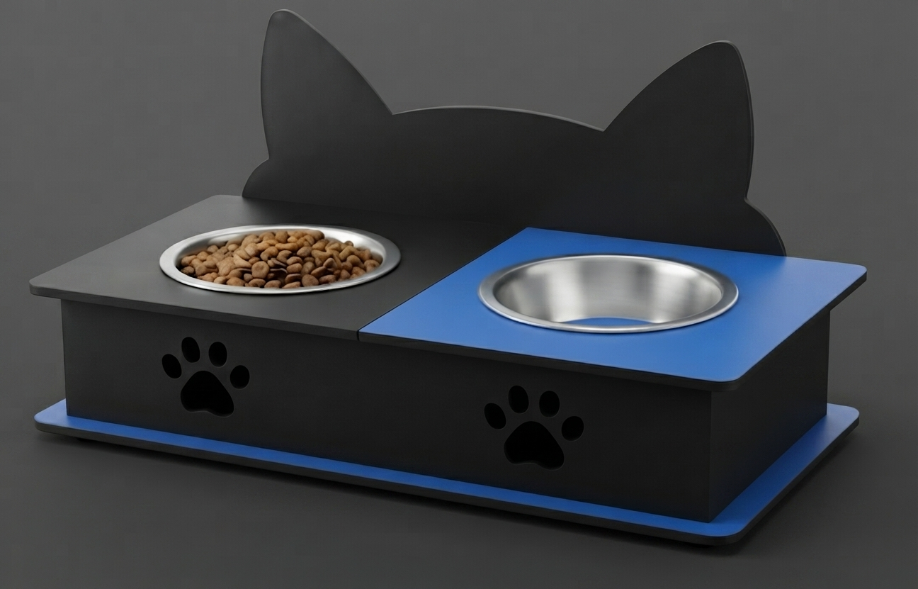 A black and blue elevated pet feeder and water bowl stand with cat-ear silhouette backrest, stainless steel bowls, and paw print cutouts on a dark gray background.