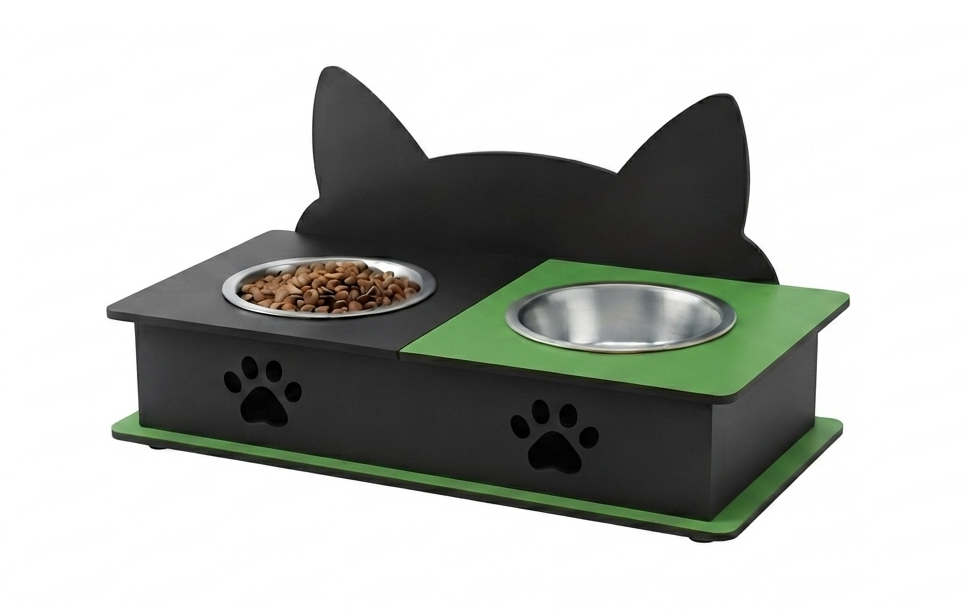 A black cat-shaped pet feeder and waterer with a green base and stainless steel bowls, shown on a white background.