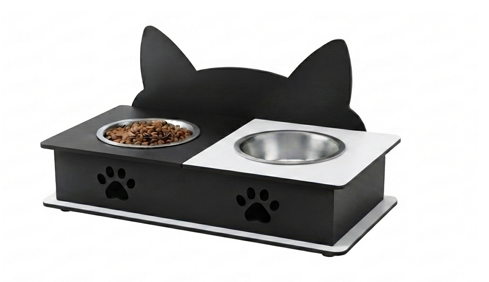 A black cat-shaped elevated pet feeder and water bowl stand with stainless steel bowls, one filled with dry food, shown on a white background.