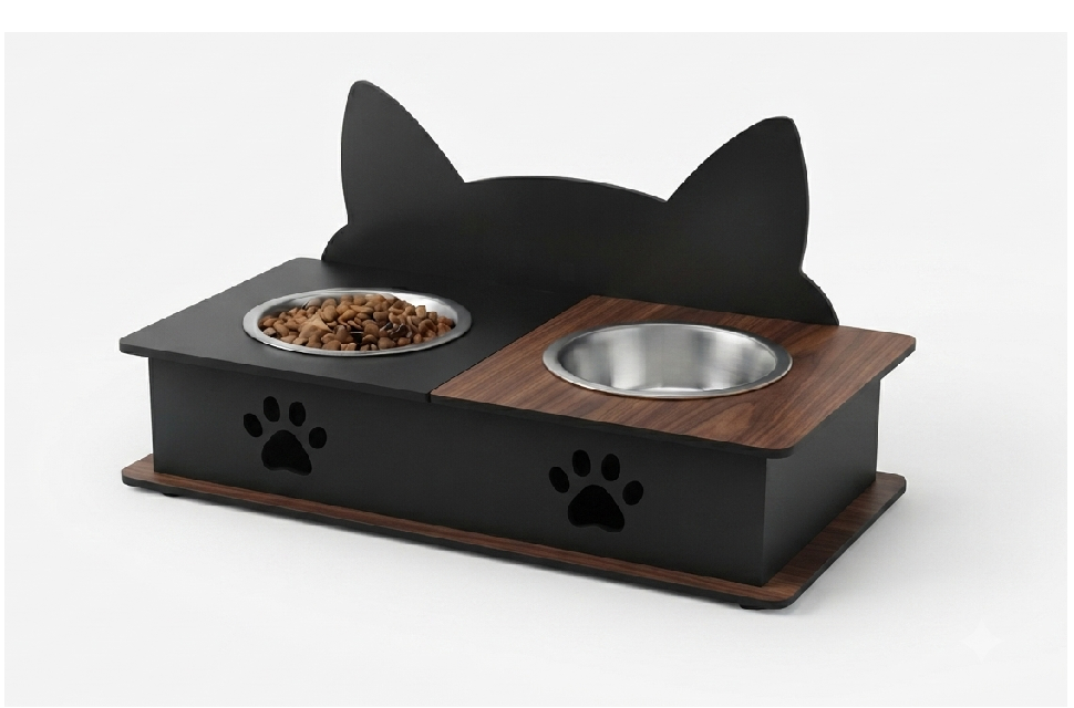 A modern elevated pet feeder and waterer with a black cat-ear silhouette backrest, featuring a matte black body, stainless steel bowls, a wood-grain top panel, and paw print cutouts on the front, shown on a clean white background.