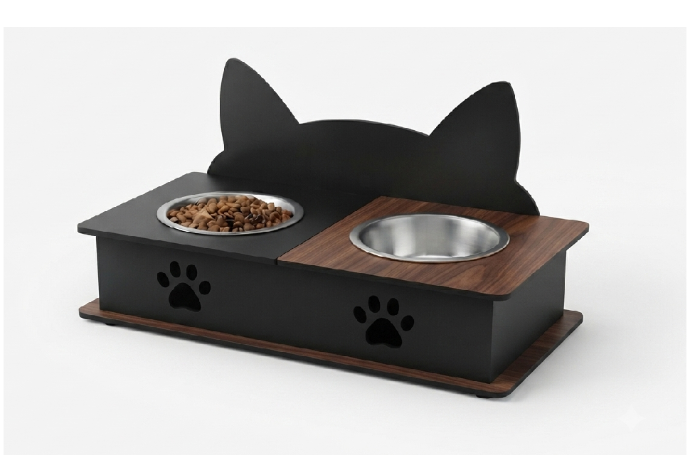 A modern elevated pet feeder and waterer with a black cat-ear silhouette backrest, featuring a black body with wood-grain top panels and stainless steel bowls, one filled with dry pet food.