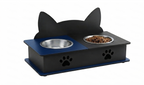 A black cat-shaped elevated pet feeder and water bowl stand with blue accents, featuring two bowls (one with water, one with dry food) on a white background.
