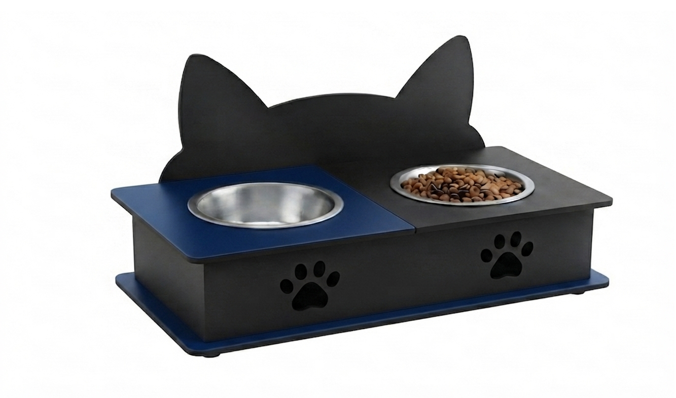 A black cat-shaped elevated pet feeder and water bowl stand with blue accents, featuring two bowls (one with water, one with dry food) on a white background.