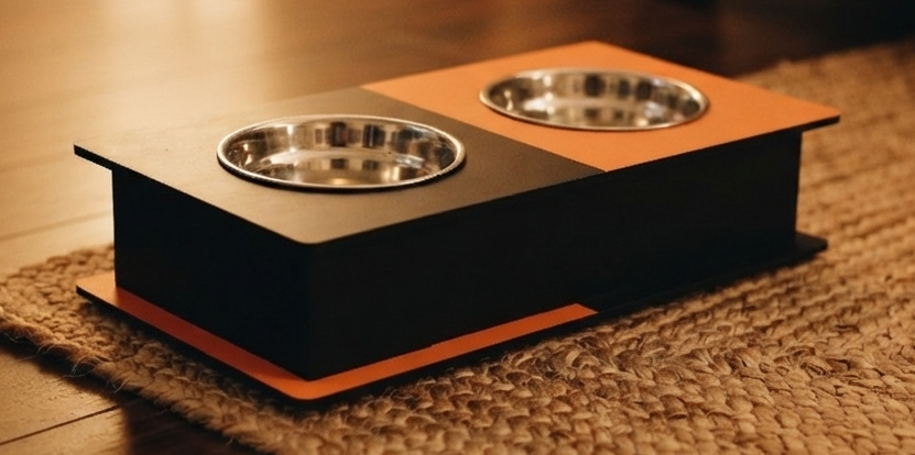A modern elevated pet feeder and water bowl station with a black and orange design, featuring two stainless steel bowls, set on a woven jute mat.