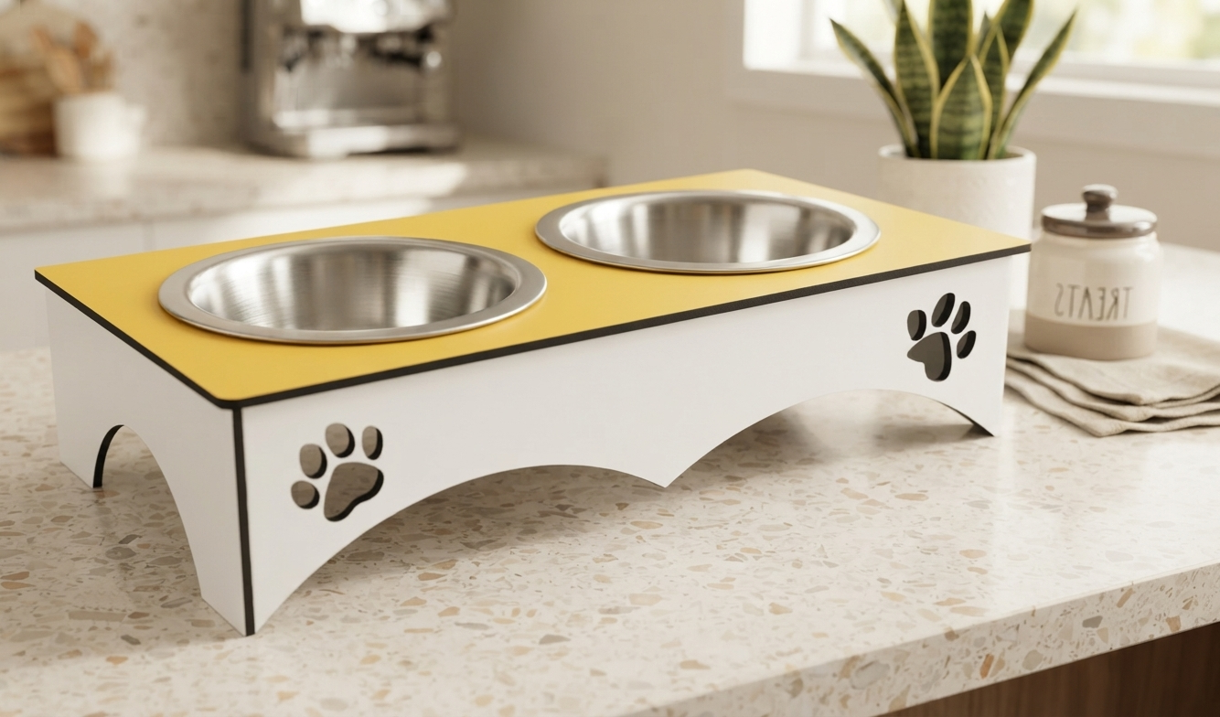 A double pet feeder and waterer stand with a red top surface and stainless steel bowls, featuring a white base with paw print cutouts, shown on a white background.