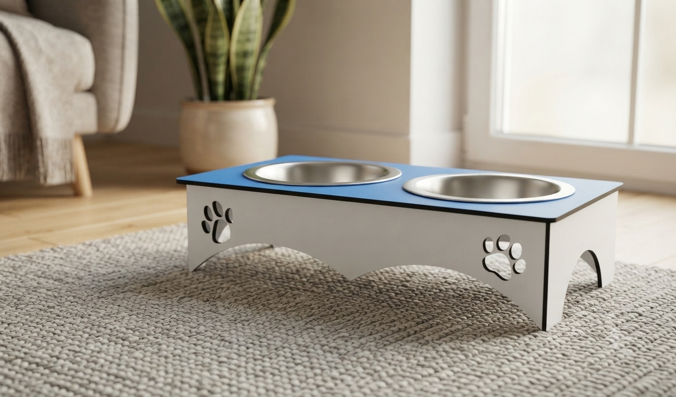 A raised two-bowl pet feeder and water bowl stand with a blue top surface, stainless steel bowls, and white base panels decorated with paw prints, shown on a textured rug in a living room setting.