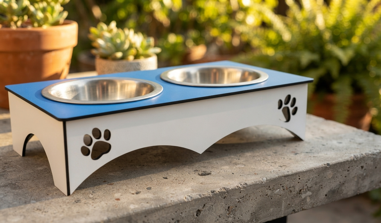 A white elevated pet feeder and water bowl stand with a blue top surface and stainless steel bowls, shown outdoors on a stone surface with blurred plants in the background.