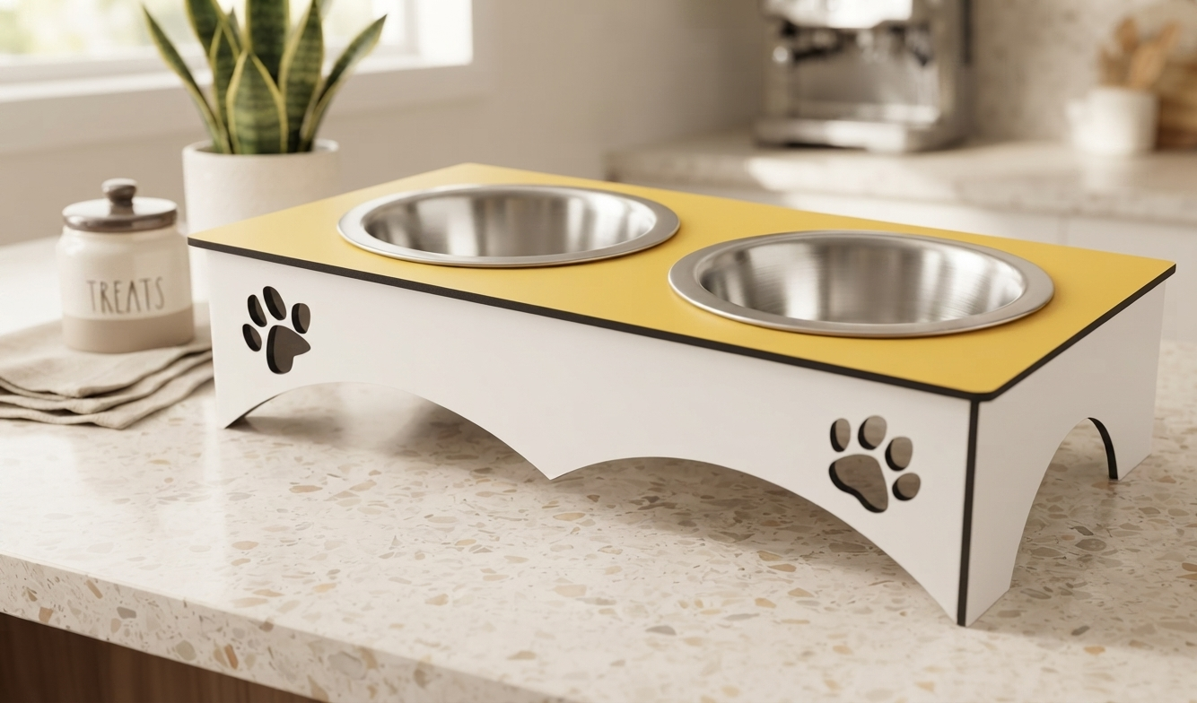 A two-bowl elevated pet feeder and water bowl stand with a white frame, yellow top panel, and stainless steel bowls, placed on a kitchen countertop.