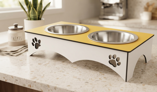 A two-bowl elevated pet feeder and water bowl stand with a white frame, yellow top panel, and stainless steel bowls, placed on a kitchen countertop.