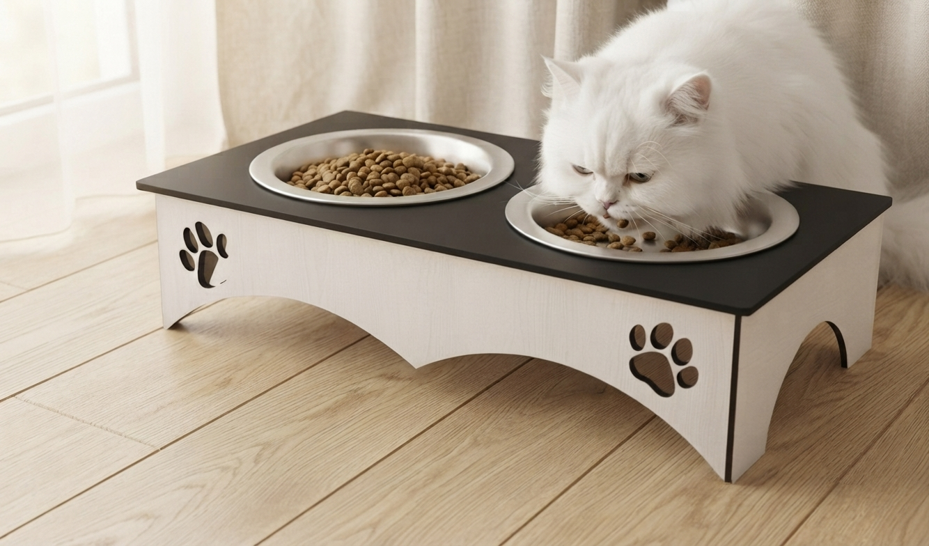 A white long-haired cat is eating from two bowls of kibble on a raised pet feeder. The feeder has a black top surface and a white base with cutout paw prints, set on a light wood floor in a bright room.