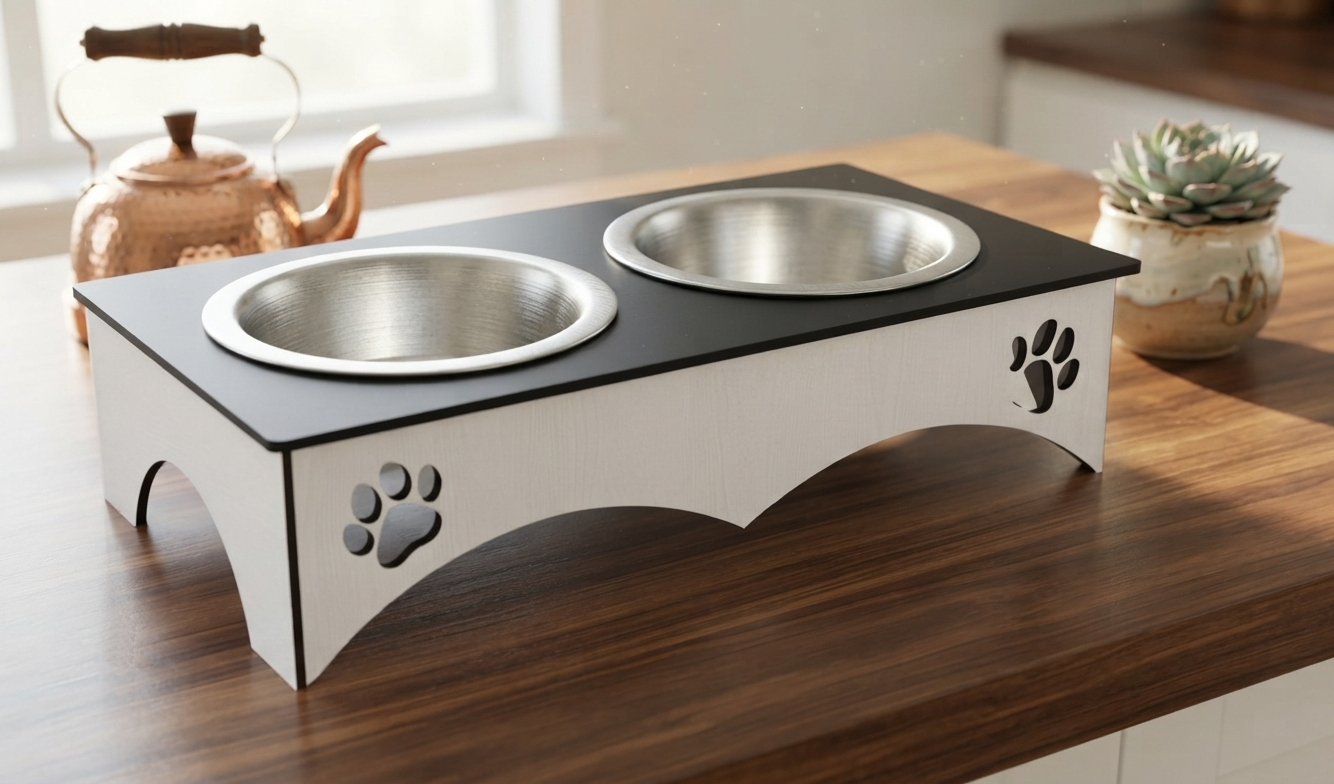 A two-bowl elevated pet feeder and waterer stand with stainless steel bowls, a black top surface, and a white base decorated with paw print cutouts, shown on a wooden table in a kitchen setting.