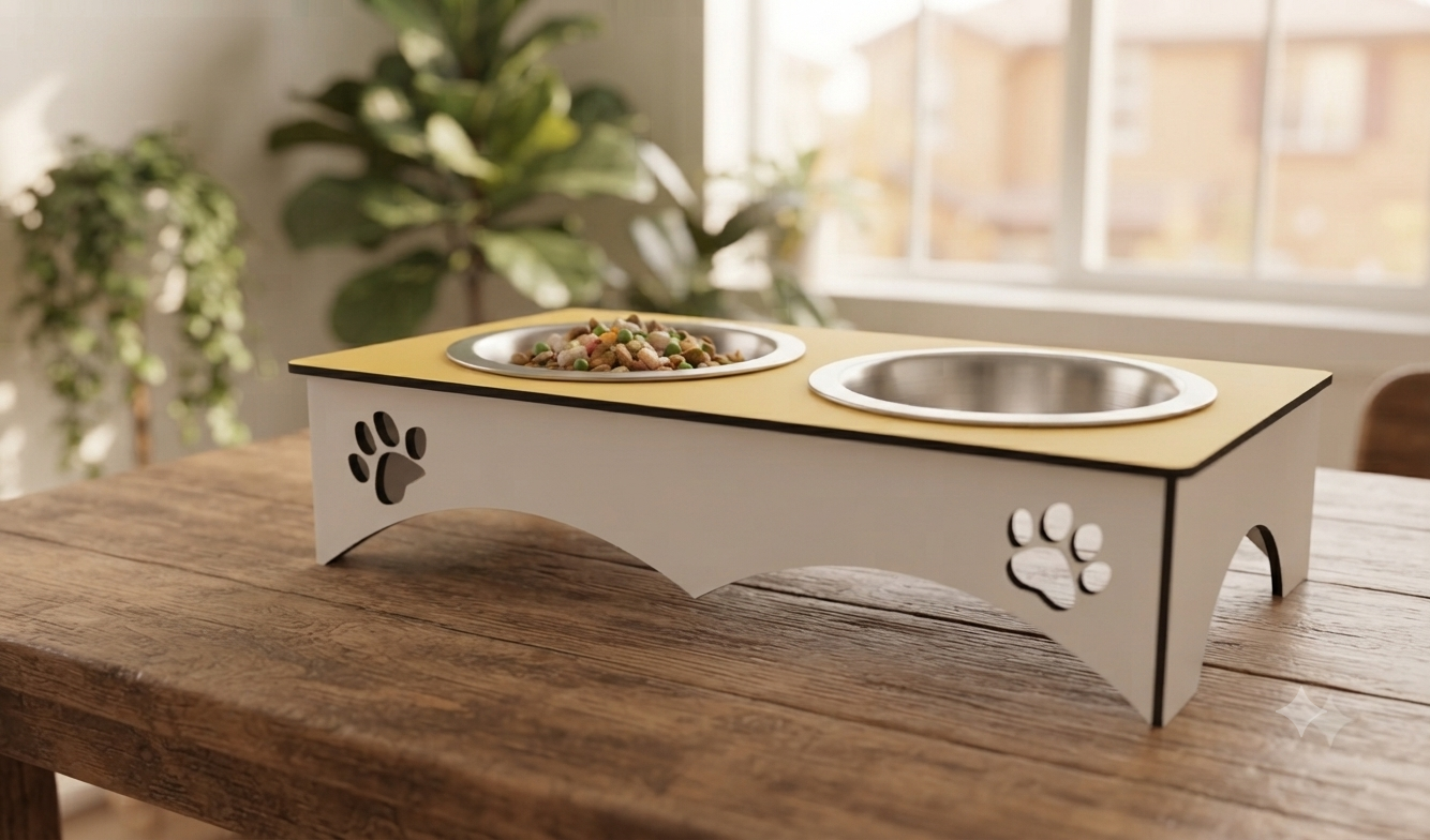 An elevated pet feeder and water bowl stand made of light wood and white material with paw print cutouts, shown on a wooden table in a bright room with a window and plants in the background.