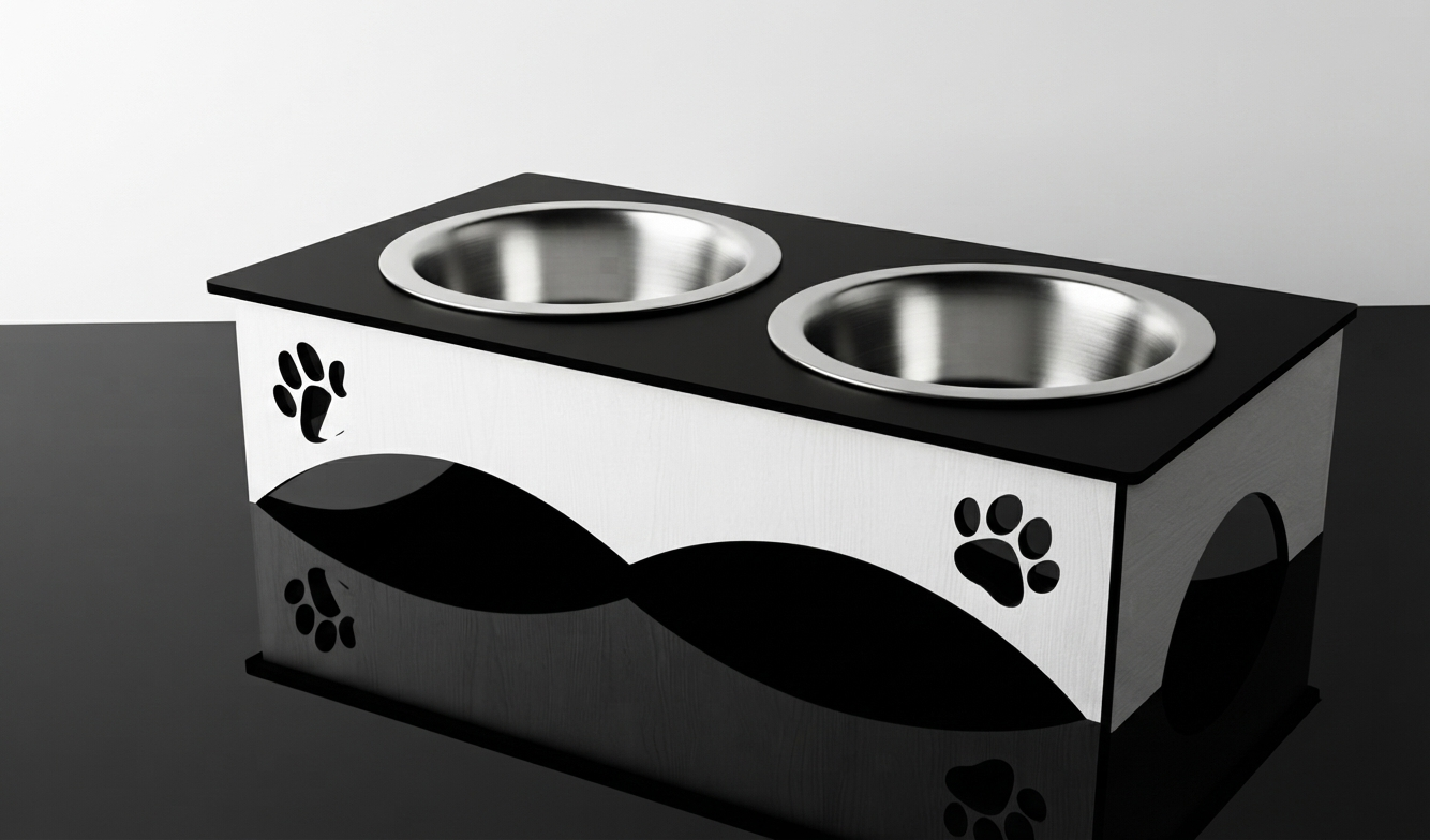 A modern elevated pet feeder and waterer stand with two stainless steel bowls, featuring a black top and base with a white front panel decorated with black paw print cutouts.
