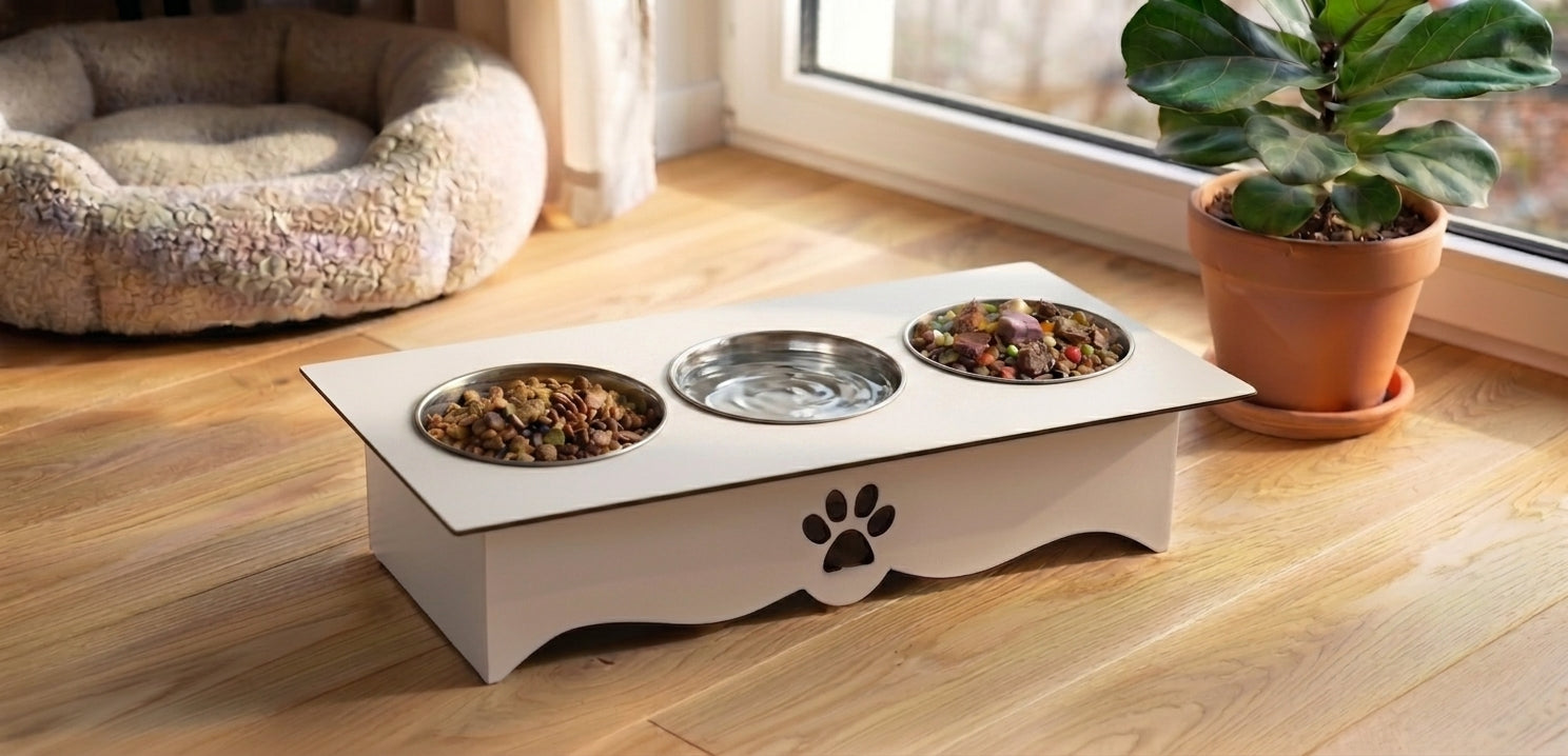 A white elevated pet feeder and waterer with three bowls, shown on a wooden floor in a home setting next to a potted plant and a pet bed.