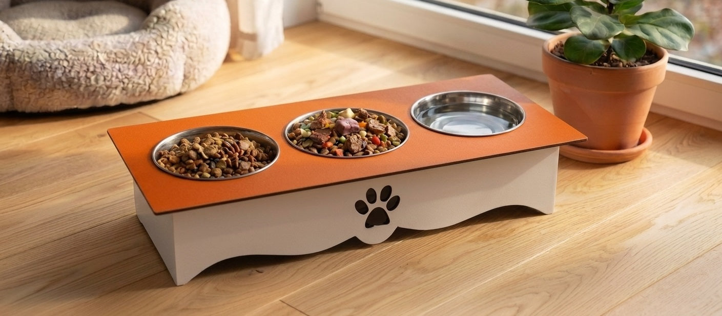A pet elevated feeder and water bowl stand on a wooden floor near a window. The stand has a white base with a black paw print, a bright orange top panel, and three bowls: two filled with dry food and one empty stainless steel bowl.