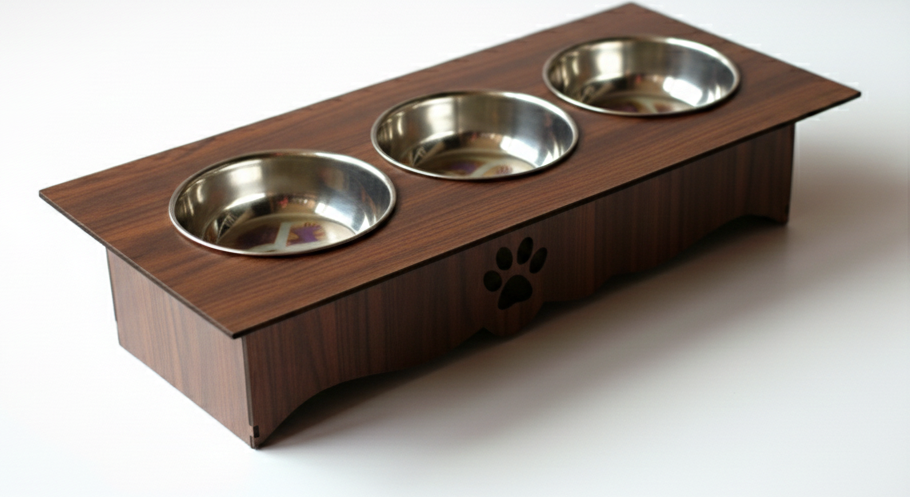 Triple Cat Bowl Stand with Stainless Steel Bowls – Modern Raised Pet Feeder